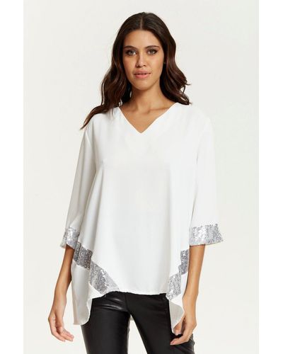 Hoxton Gal Oversized Sequin Detailed V Neck Top With 3/4 Sleeves - White