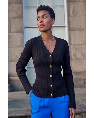 ANOTHER SUNDAY Gold Button Through Rib Cardigan In Black - Blue