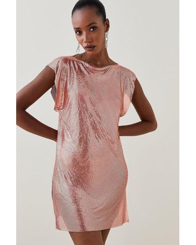 Karen Millen Slinky Chainmail Ruched Cap Sleeve Mini Dress - Pink