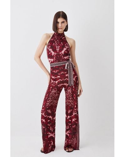 Karen Millen Petite Mirror Jacquard Knit Halterneck Jumpsuit - Red