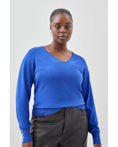 Karen Millen Plus Size Viscose Blend Knit V Neck Jumper - Blue