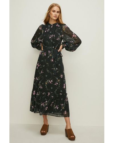 Oasis Lace Trim Floral Dobby Chiffon Dress - Black