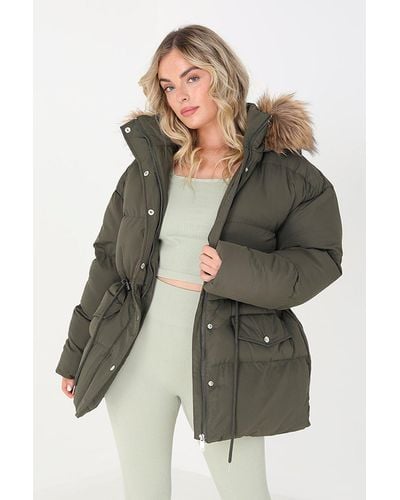 Brave Soul 'narla' Mid Length Puffer Parka With Faux Fur Hood - Green