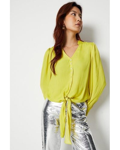 Warehouse Overwashed Satin Tie Front Blouse - Yellow