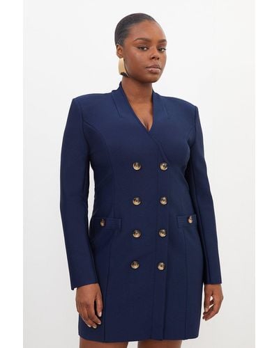 Karen Millen Plus Size Figure Form Bandage Knit Blazer Style Mini Dress - Blue