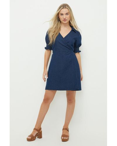 Dorothy Perkins Petite Short Sleeve Denim Mini Wrap Dress - Blue
