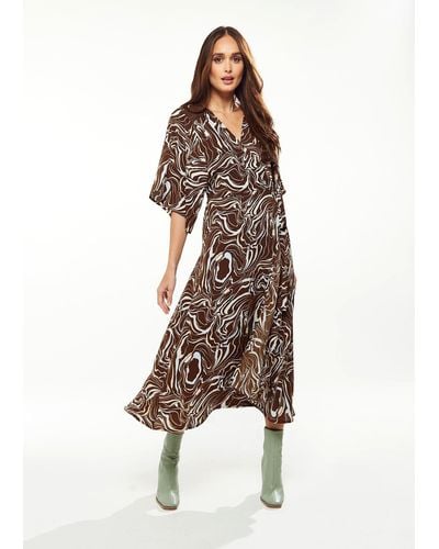Liquorish Scribble Print Maxi Wrap Dress With Kimono Sleeves In Brown