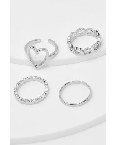 Boohoo Silver Triple Heart Assorted 3 Pack Ring Set - Metallic