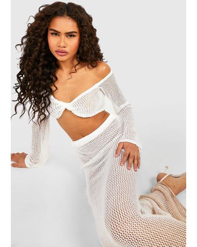 Boohoo Ombre Off The Shoulder Crochet Top And Maxi Skirt Set - White