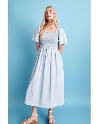 Warehouse Denim Square Neck Shirred Bodice Midi Dress - Blue