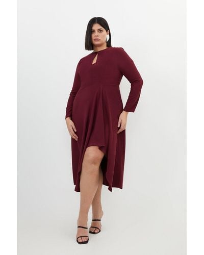 Karen Millen Plus Size Premium Crepe Asymmetric Drape Waterfall Dress - Red