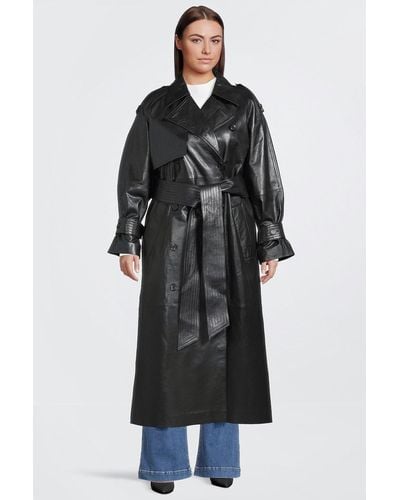 Karen Millen Plus Size Leather Oversize Trench Coat - Black