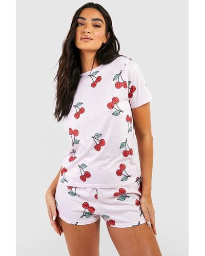 Boohoo Cherry Print Jersey Pyjama Short Set - White