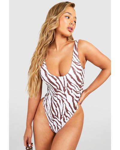 Boohoo Tiger Scoop Swimsuit - Natural