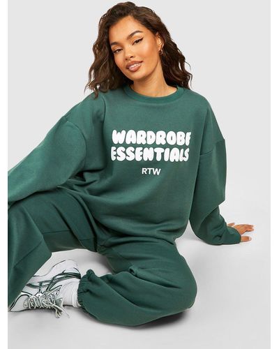 Boohoo Wardrobe Essentials Slogan Sweatshirt Tracksuit - Green