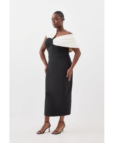 Karen Millen Plus Size Figure Form Bandage Knit Asymmetric Strap Midi Dress - Black