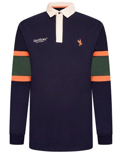 Grey Hawk Long Sleeve Panel Rugby Polo Shirt In Navy - Blue