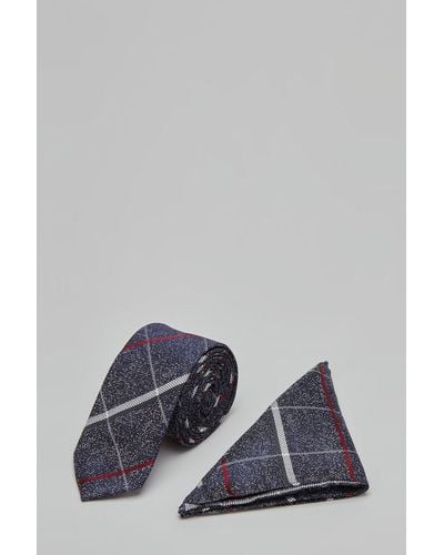 Burton Navy And White Bold Check Tie And Pocket Square Set - Grey