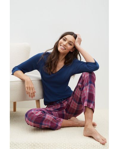 Dorothy Perkins Navy Rib T-shirt And Check Pyjama Set - Blue