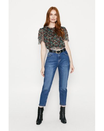 Oasis Ditsy Floral Mesh Tie Back Top - Blue