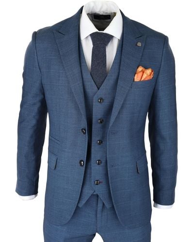 Paul Andrew 3 Piece Suit Prince Of Wales Check Classic Light Tailored Fit Modern - Blue