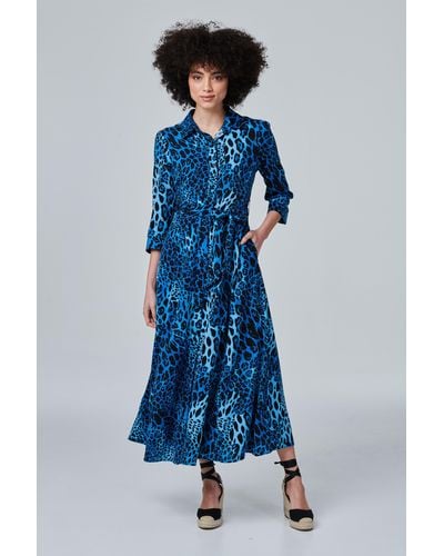 Izabel London Leopard Print Midi Shirt Dress - Blue
