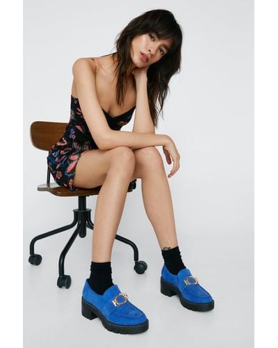 Nasty Gal Suede Round Buckle Heeled Loafers - Blue