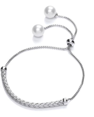Jewelco London Silver Pearl Basket Weave Platted Toggle Bracelet 9mm 1.2mm - White