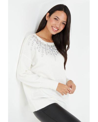 Wallis Ivory Spray Embellished Necklace Jumper - White