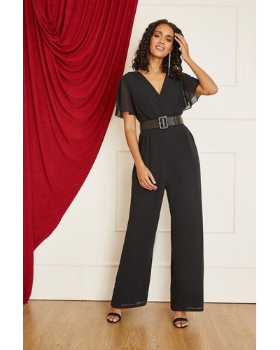 Yumi' Black Wrap Over Jumpsuit With Belt - Red