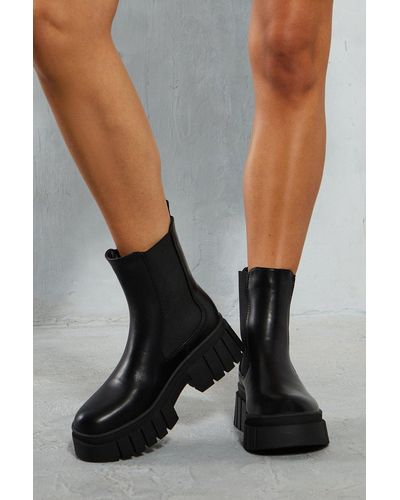 MissPap Leather Look Chunky Sole Ankle Boots - Black