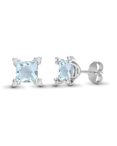 Jewelco London 18ct White Gold Diamond 2ct Blue Aquamarine Square Stud Earrings