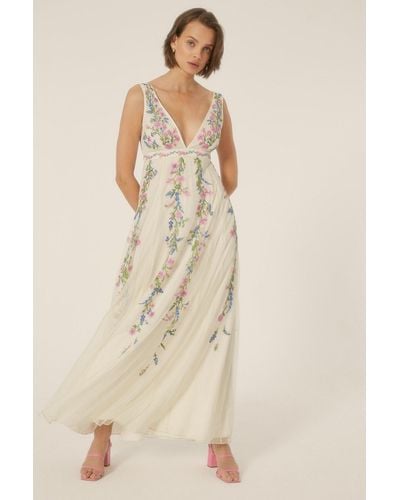 Oasis Floral Embroidered Plunge Maxi Dress - Natural