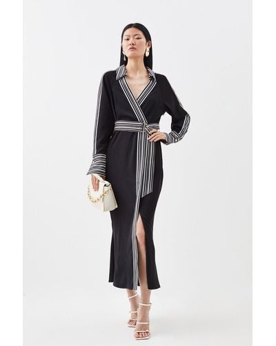 KarenMillen Stripe Twill Batwing Belted Woven Midi Dress - Black