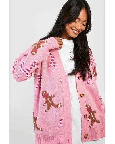 Boohoo Gingerbread And Candy Cane Christmas Cardigan - Pink