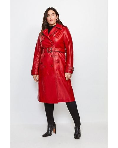 Karen Millen Plus Size Leather Trench Belted Coat - Red