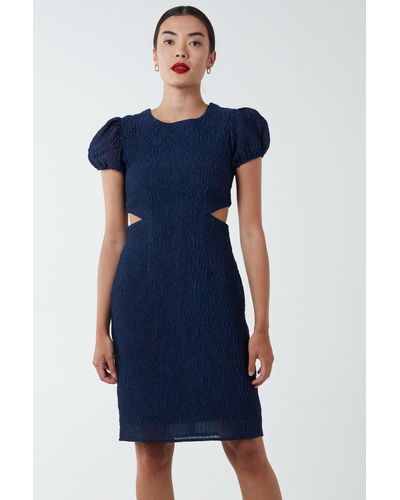 Blue Vanilla Side Cut Out Puff Sleeve Shift Dress - Blue