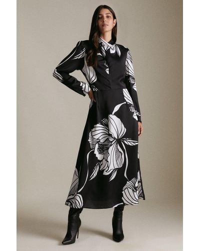 Karen Millen Graphic Linear Twist Neck Woven Maxi Dress - Black