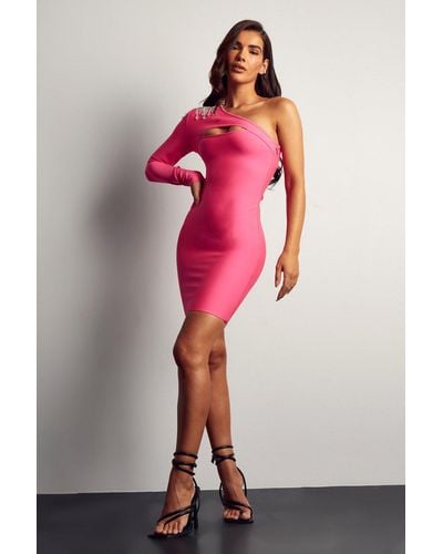 MissPap Premium Bandage One Shoulder Diamante Dress - Pink
