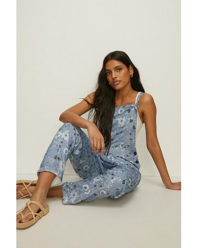 Oasis Printed Relaxed Fit Dungaree - Blue