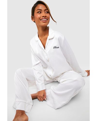 Boohoo Premium Bride Embroidered Satin Pyjama Trousers Set And Bow - White