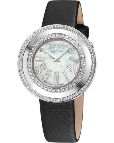 Gevril Gandria Swiss Diamond , 316l Ss Case, White Mop Dial, Genuine Italian Made Leather Strap Swiss Quartz Watch - Grey