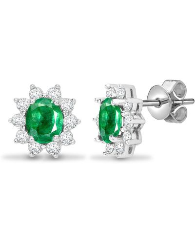 Jewelco London 18ct White Gold Diamond Green Emerald Royal Cluster Stud Earrings - 18e141