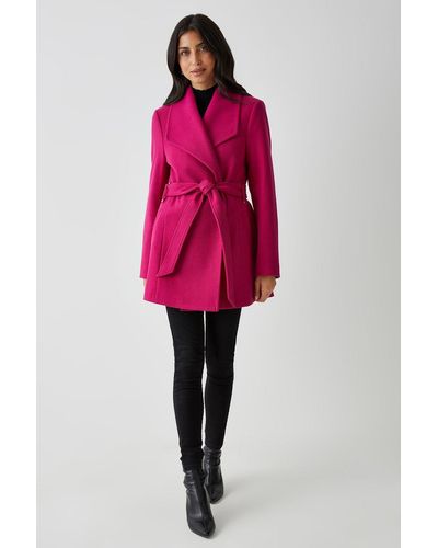 Wallis Short Collar Detail Wrap Coat - Pink