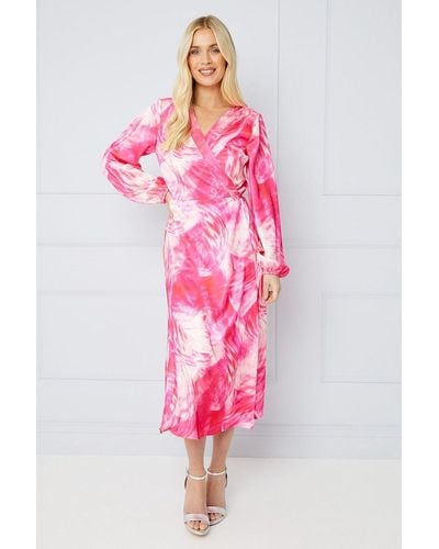 Wallis Occasion Petite Feather Print Satin Wrap Formal Midi Dress - Pink