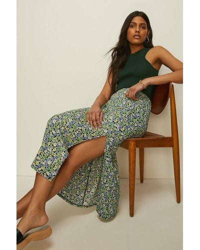 Oasis Crinkle Floral Midi Bias Skirt - Green