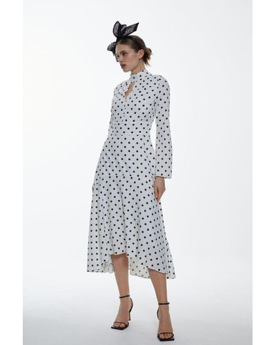 Karen Millen High Low Hem Mono Spot Long Sleeve Midi Dress - White