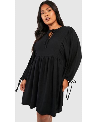 Boohoo Plus Textured Blouse Sleeve Smock Dress - Black