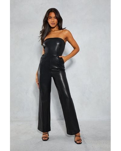 MissPap Leather Look Bandeau Straight Leg Jumpsuit - Black