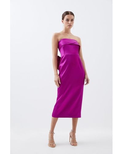 Karen Millen Petite Tailored Italian Satin Bandeau Bow Detail Midi Dress - Purple